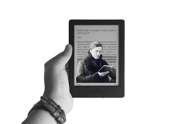 "Tela de tablet mostrando homeopata Constantine Hering em meio à leitura"